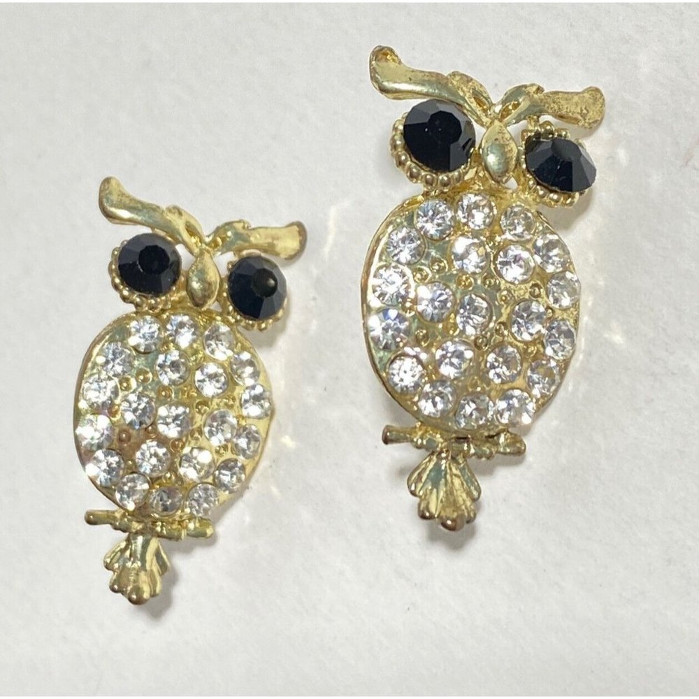 Sparkly Owl Pierced Earrings Rhinestones Stud 1in